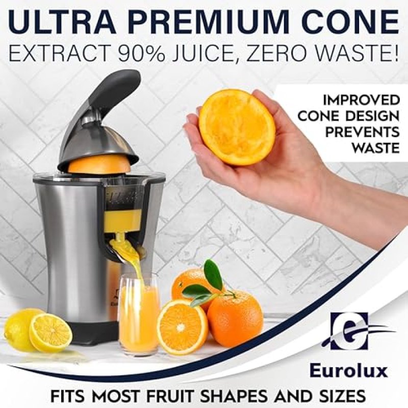 EUROLUX PREMIUM ELECTRIC ORANGE JUICER | STAINLESS STEEL CITRUS SQUEEZER WITH ULTRA-POWERFUL MOTOR AND SOFT GRIP HANDLE