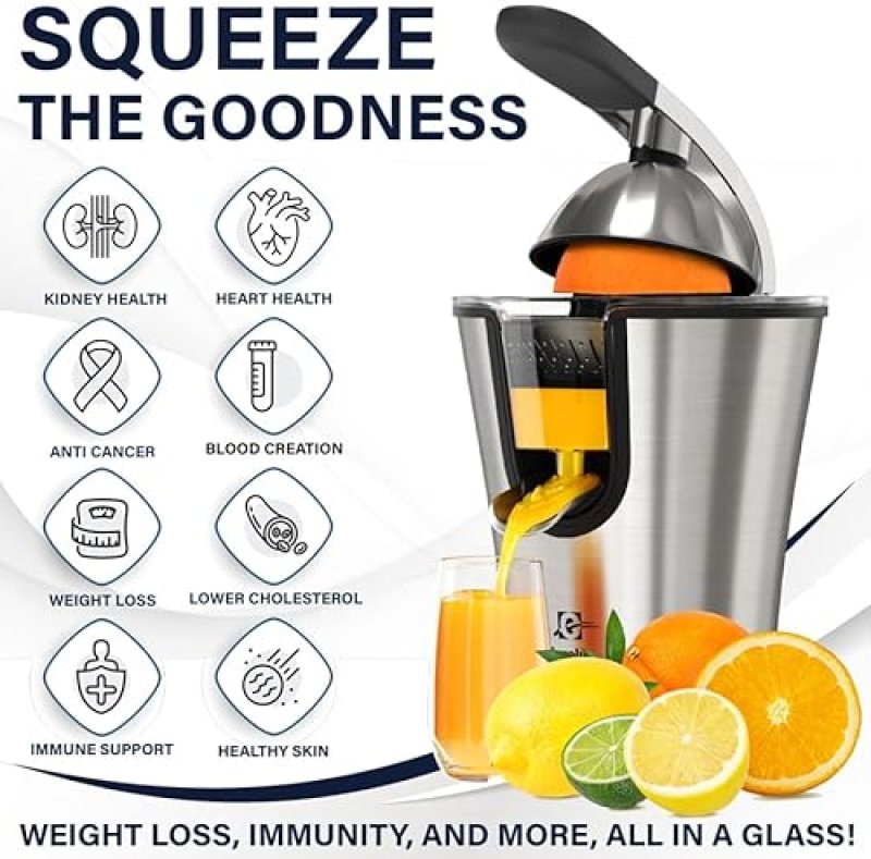 EUROLUX PREMIUM ELECTRIC ORANGE JUICER | STAINLESS STEEL CITRUS SQUEEZER WITH ULTRA-POWERFUL MOTOR AND SOFT GRIP HANDLE