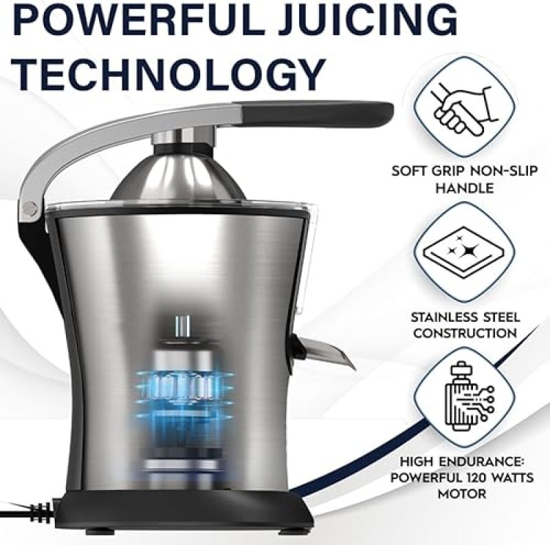 EUROLUX PREMIUM ELECTRIC ORANGE JUICER | STAINLESS STEEL CITRUS SQUEEZER WITH ULTRA-POWERFUL MOTOR AND SOFT GRIP HANDLE