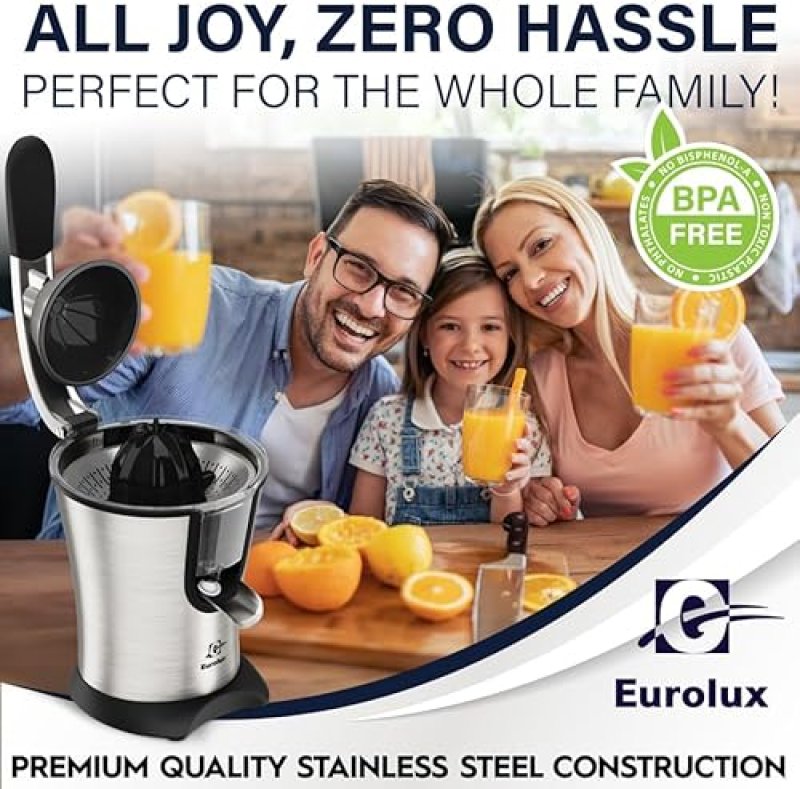 EUROLUX PREMIUM ELECTRIC ORANGE JUICER | STAINLESS STEEL CITRUS SQUEEZER WITH ULTRA-POWERFUL MOTOR AND SOFT GRIP HANDLE