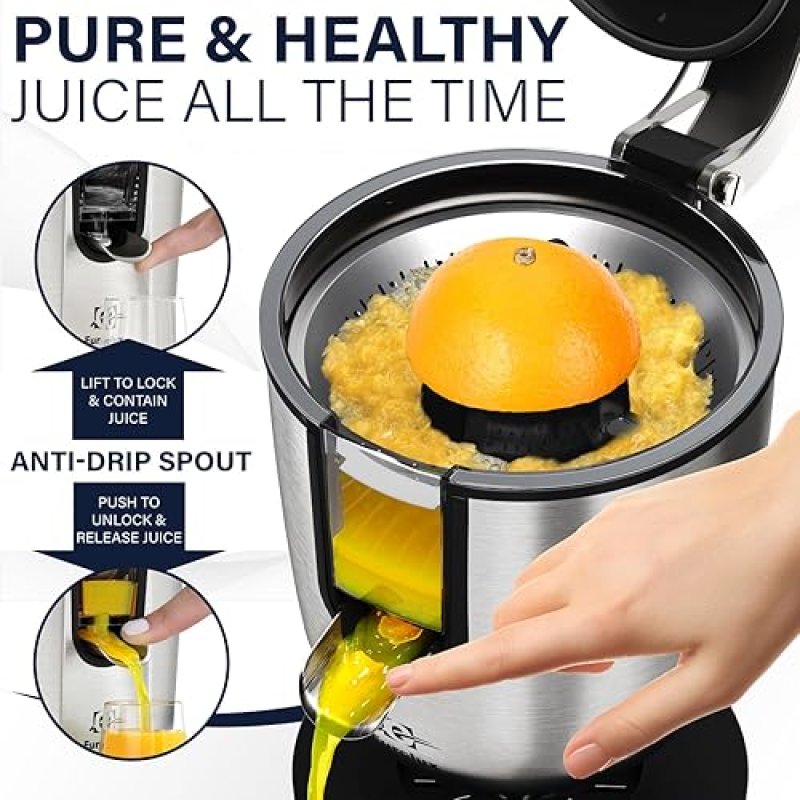 EUROLUX PREMIUM ELECTRIC ORANGE JUICER | STAINLESS STEEL CITRUS SQUEEZER WITH POWERFUL MOTOR & SOFT GRIP HANDLE, AUTO SHUTOFF, DISHWASHER-SAFE PARTS