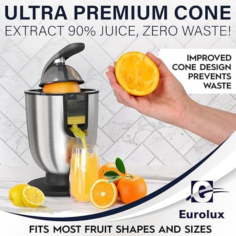 EUROLUX PREMIUM ELECTRIC ORANGE JUICER | STAINLESS STEEL CITRUS SQUEEZER WITH POWERFUL MOTOR & SOFT GRIP HANDLE, AUTO SHUTOFF, DISHWASHER-SAFE PARTS