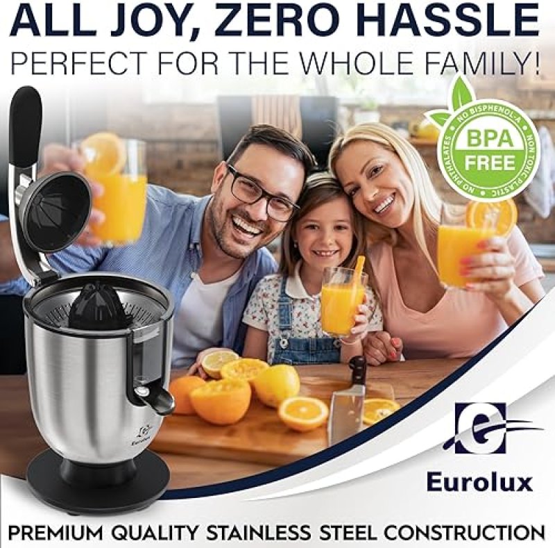 EUROLUX PREMIUM ELECTRIC ORANGE JUICER | STAINLESS STEEL CITRUS SQUEEZER WITH POWERFUL MOTOR & SOFT GRIP HANDLE, AUTO SHUTOFF, DISHWASHER-SAFE PARTS