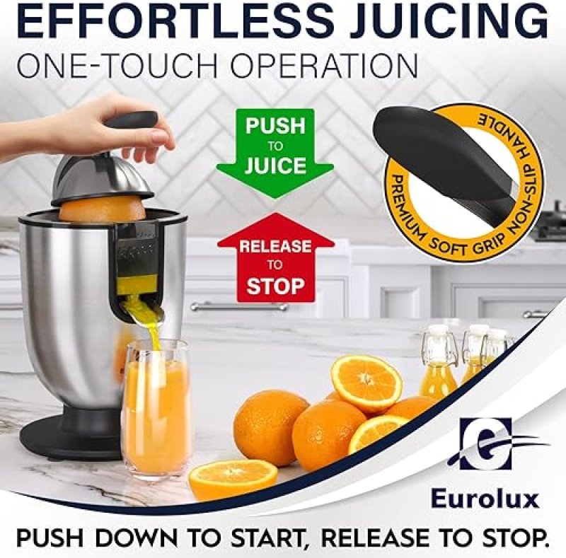 EUROLUX PREMIUM ELECTRIC ORANGE JUICER | STAINLESS STEEL CITRUS SQUEEZER WITH POWERFUL MOTOR & SOFT GRIP HANDLE, AUTO SHUTOFF, DISHWASHER-SAFE PARTS
