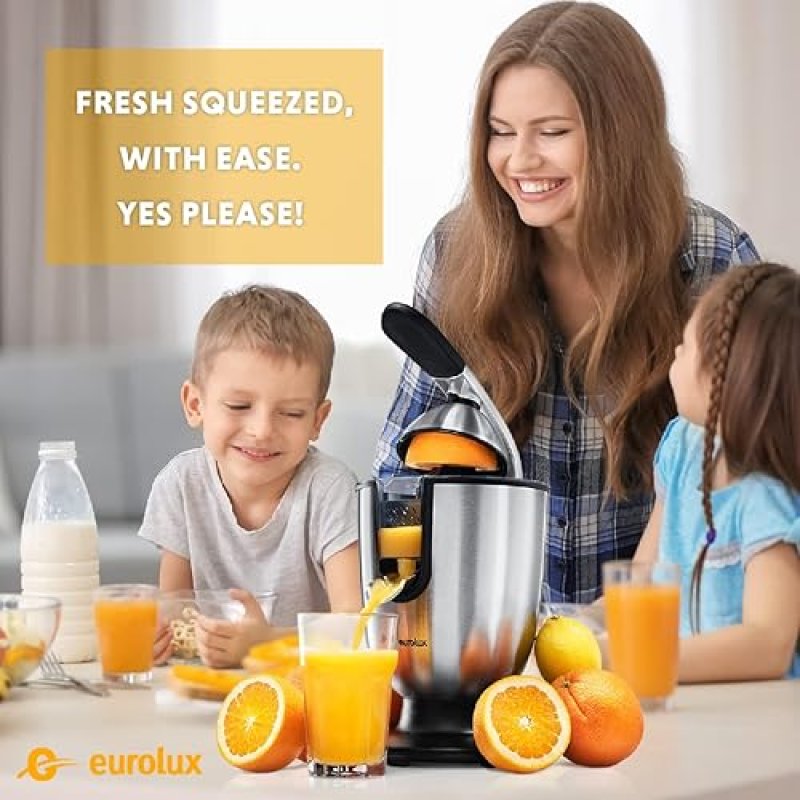 EUROLUX PREMIUM ELECTRIC ORANGE JUICER | STAINLESS STEEL CITRUS SQUEEZER WITH POWERFUL MOTOR & SOFT GRIP HANDLE, AUTO SHUTOFF, DISHWASHER-SAFE PARTS