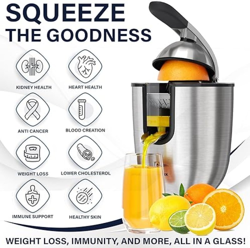 EUROLUX PREMIUM ELECTRIC ORANGE JUICER | STAINLESS STEEL CITRUS SQUEEZER WITH POWERFUL MOTOR & SOFT GRIP HANDLE, AUTO SHUTOFF, DISHWASHER-SAFE PARTS