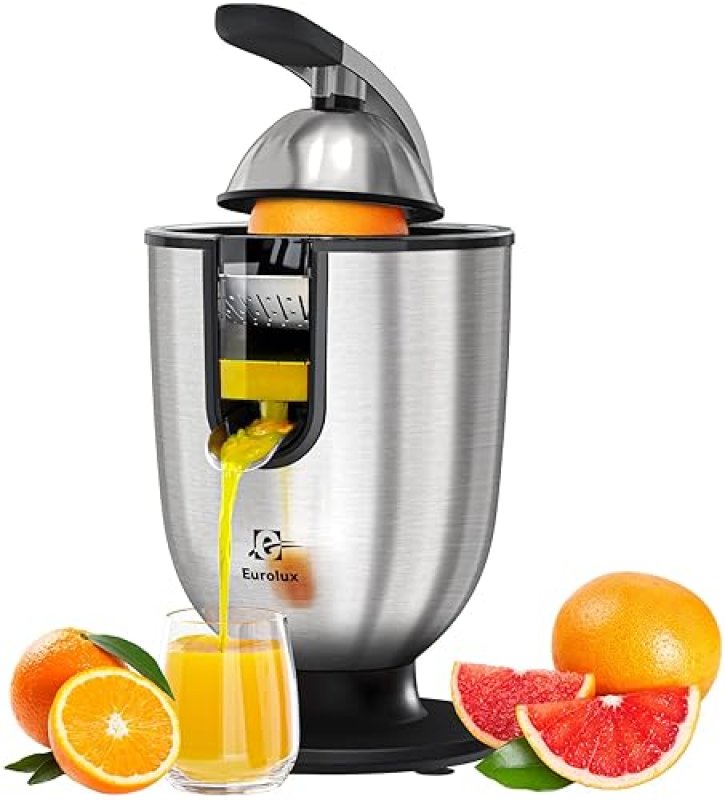 EUROLUX PREMIUM ELECTRIC ORANGE JUICER | STAINLESS STEEL CITRUS SQUEEZER WITH POWERFUL MOTOR AND EASY JUICING HANDLE