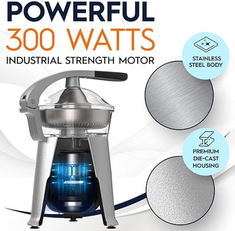 EUROLUX STAINLESS STEEL ELECTRIC CITRUS JUICER | 300W POWER, 2 FILTERS FOR PULP CONTROL