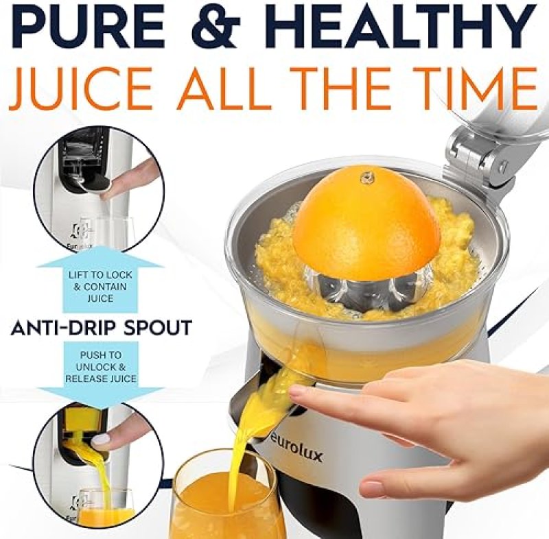 EUROLUX STAINLESS STEEL ELECTRIC CITRUS JUICER | 300W POWER, 2 FILTERS FOR PULP CONTROL