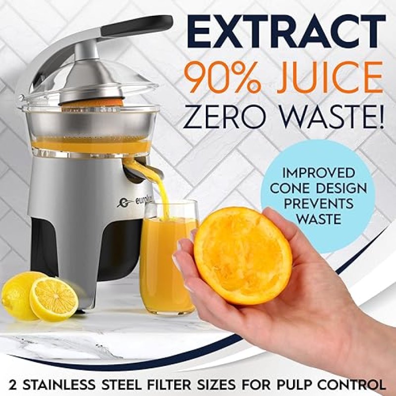 EUROLUX STAINLESS STEEL ELECTRIC CITRUS JUICER | 300W POWER, 2 FILTERS FOR PULP CONTROL