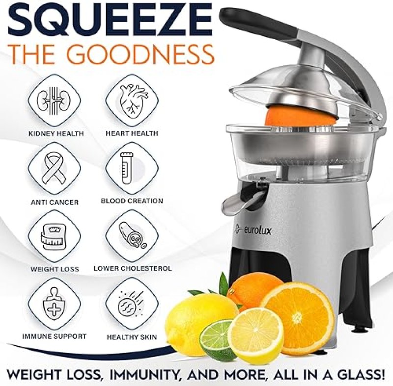 EUROLUX STAINLESS STEEL ELECTRIC CITRUS JUICER | 300W POWER, 2 FILTERS FOR PULP CONTROL