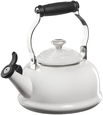 LE CREUSET WHITE ENAMEL STEEL TEA KETTLE, 1.7 QT., WHISTLING WITH METAL ACCENTS
