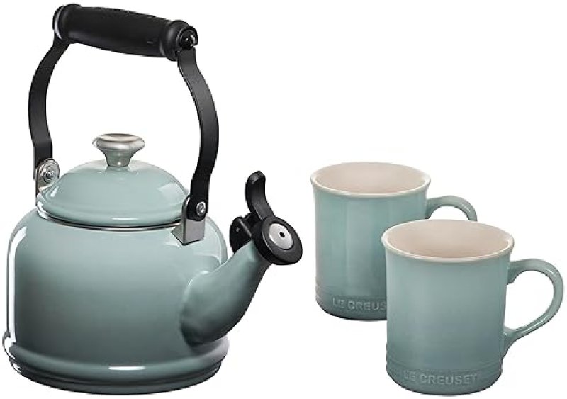 LE CREUSET DEMI KETTLE SET WITH METAL FINISHES & STONEWARE MUGS, SEA SALT