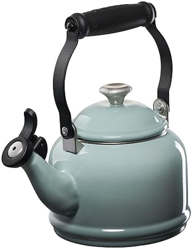 LE CREUSET DEMI KETTLE SET WITH METAL FINISHES & STONEWARE MUGS, SEA SALT