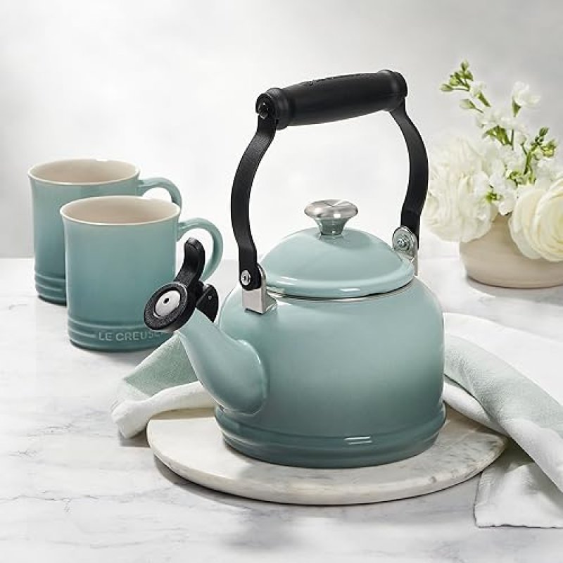 LE CREUSET DEMI KETTLE SET WITH METAL FINISHES & STONEWARE MUGS, SEA SALT