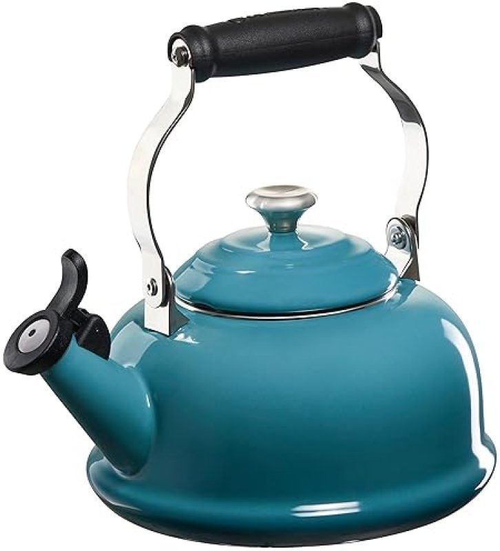 LE CREUSET 1.7 QT. CARIBBEAN WHISTLING TEA KETTLE WITH METAL FINISHES