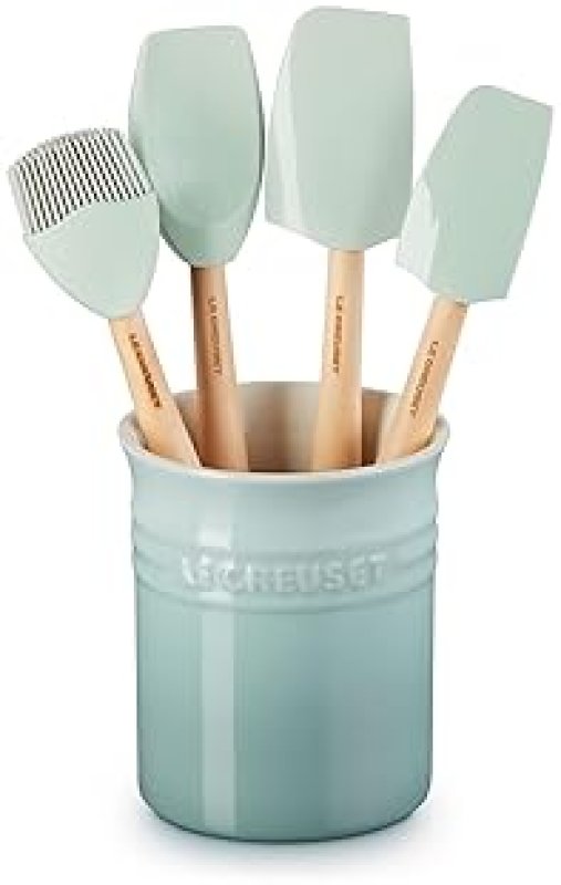 LE CREUSET 5-PIECE SILICONE CRAFT SERIES UTENSIL SET WITH STONEWARE CROCK IN SEA SALT