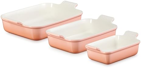 LE CREUSET STONEWARE HERITAGE 3-PIECE RECTANGULAR DISHES SET IN PECHE