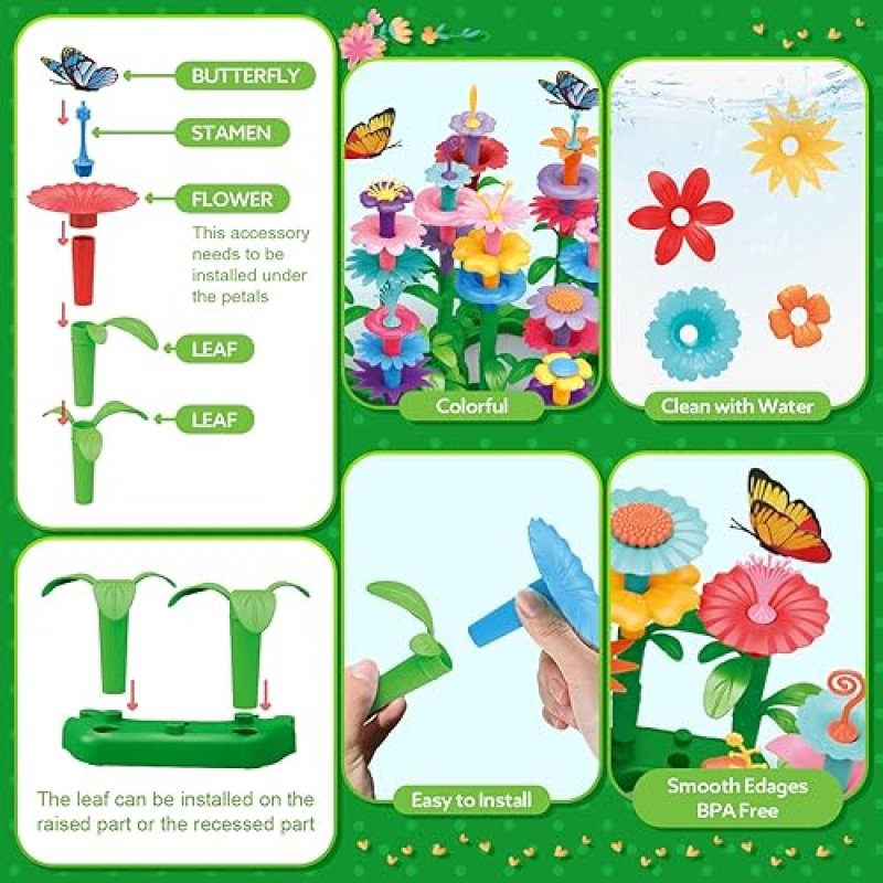 YEEBAY STEM FLOWER GARDEN BUILDING TOYS FOR GIRLS AGES 3-7 - EDUCATIONAL GARDENING PLAYSET (148 PCS)