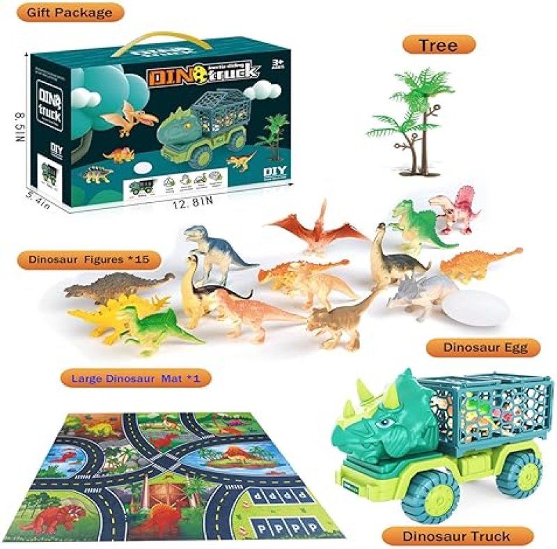 HONGID DINOSAUR TRUCK TOY SET WITH TRICERATOPS CAR, 15 FIGURES, PLAY MAT, EGGS - PERFECT GIFT FOR KIDS 3-5 - CHRISTMAS STOCKING STUFFER