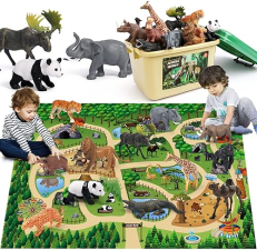 FRUSE SAFARI ANIMALS FIGURES TOYS SET WITH JUMBO PLAY MAT - EDUCATIONAL JUNGLE WILD ZOO ANIMALS PLAYSET FOR TODDLERS