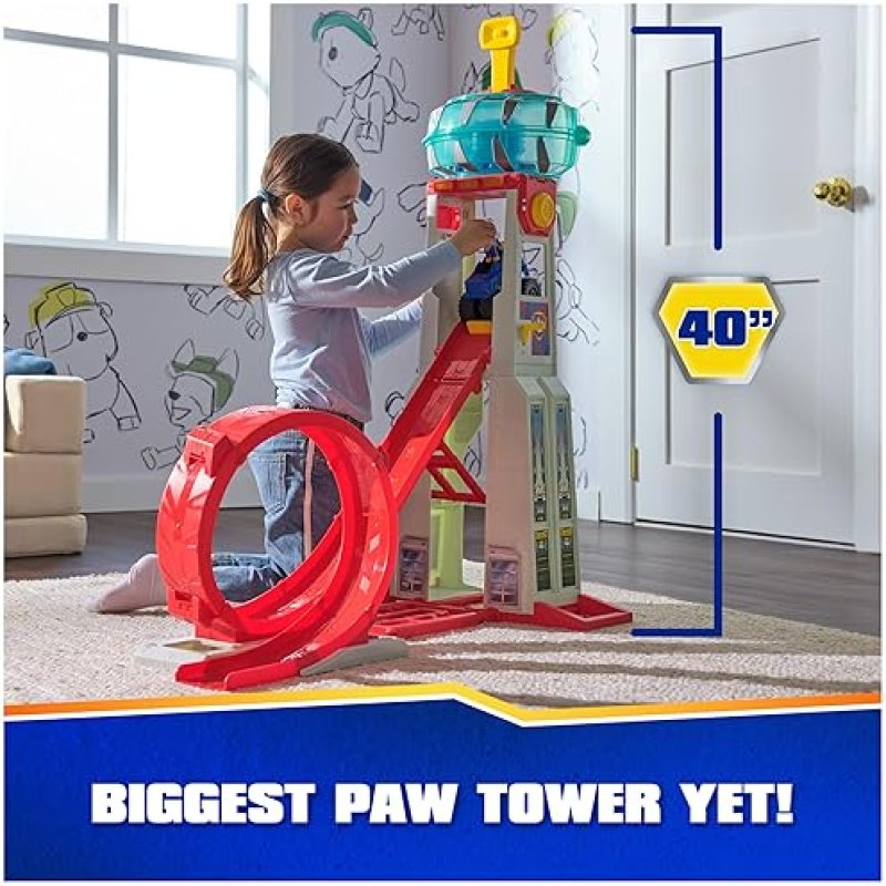 SPIN MASTER PAW PATROL RESCUE WHEELS SUPER LOOP TOWER HQ WITH LIGHT, SOUND, VEHICLE LAUNCHER, CHASE ACTION FIGURE & TOY TRUCK - FUN KIDS TOYS FOR AGES 3+