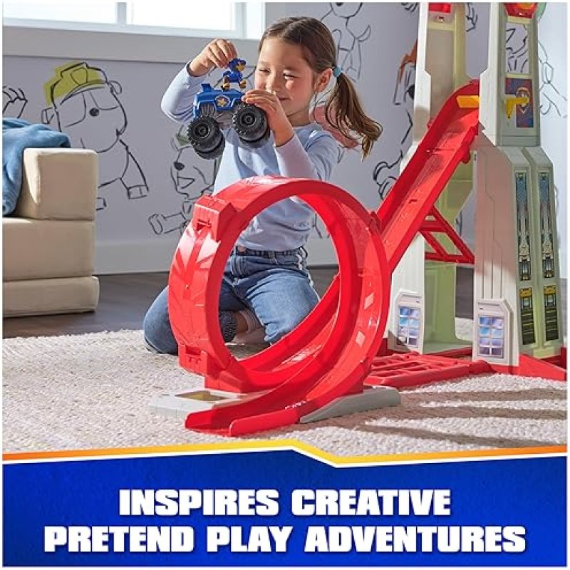 SPIN MASTER PAW PATROL RESCUE WHEELS SUPER LOOP TOWER HQ WITH LIGHT, SOUND, VEHICLE LAUNCHER, CHASE ACTION FIGURE & TOY TRUCK - FUN KIDS TOYS FOR AGES 3+