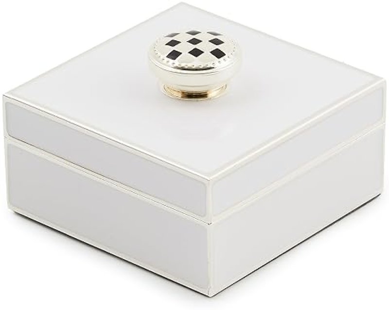 MACKENZIE-CHILDS SILVER-PLATED TRINKET BOX WITH CHECK KNOB - SMALL DECORATIVE JEWELRY KEEPSAKE RING STORAGE GIFT BOX - WHITE