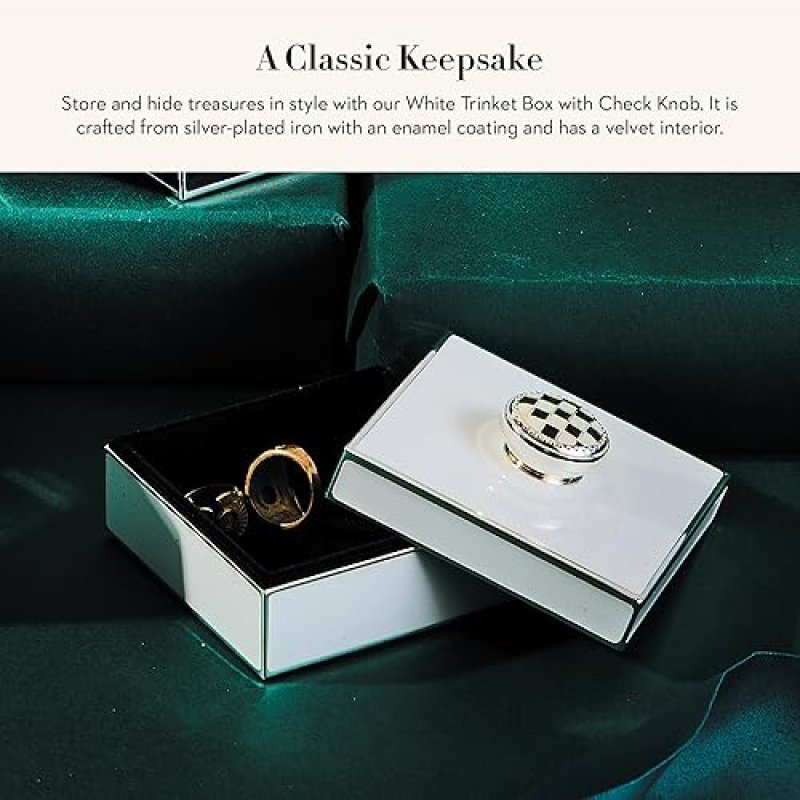 MACKENZIE-CHILDS SILVER-PLATED TRINKET BOX WITH CHECK KNOB - SMALL DECORATIVE JEWELRY KEEPSAKE RING STORAGE GIFT BOX - WHITE