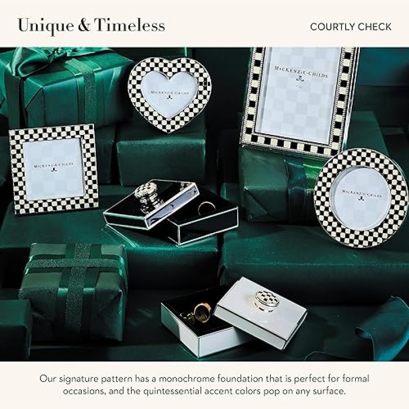MACKENZIE-CHILDS SILVER-PLATED TRINKET BOX WITH CHECK KNOB - SMALL DECORATIVE JEWELRY KEEPSAKE RING STORAGE GIFT BOX - WHITE