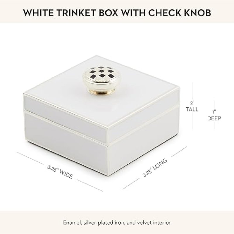 MACKENZIE-CHILDS SILVER-PLATED TRINKET BOX WITH CHECK KNOB - SMALL DECORATIVE JEWELRY KEEPSAKE RING STORAGE GIFT BOX - WHITE