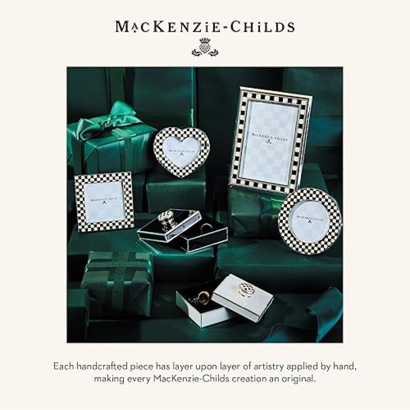 MACKENZIE-CHILDS SILVER-PLATED TRINKET BOX WITH CHECK KNOB - SMALL DECORATIVE JEWELRY KEEPSAKE RING STORAGE GIFT BOX - WHITE