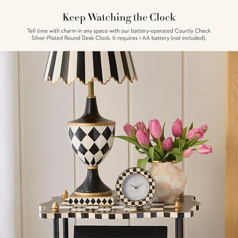 MACKENZIE-CHILDS BLACK-AND-WHITE COURTLY CHECK DESK CLOCK FOR LIVING ROOM, KITCHEN, OFFICE