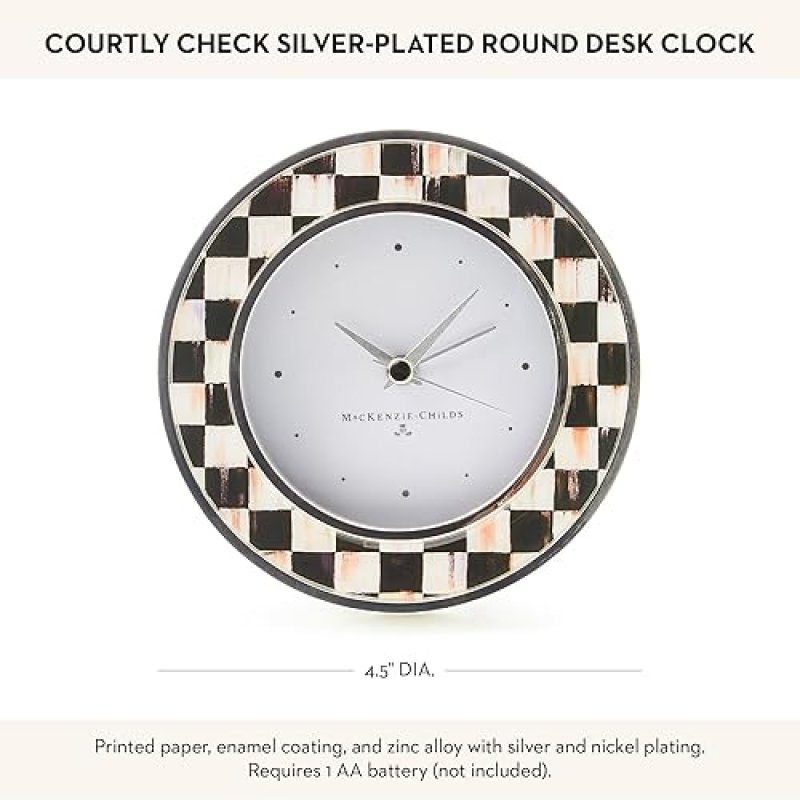 MACKENZIE-CHILDS BLACK-AND-WHITE COURTLY CHECK DESK CLOCK FOR LIVING ROOM, KITCHEN, OFFICE