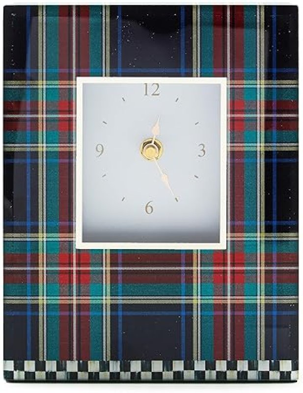 MACKENZIE-CHILDS DECORATIVE BLACK TARTAN CARRIAGE CLOCK FOR KITCHEN AND LIVING ROOM