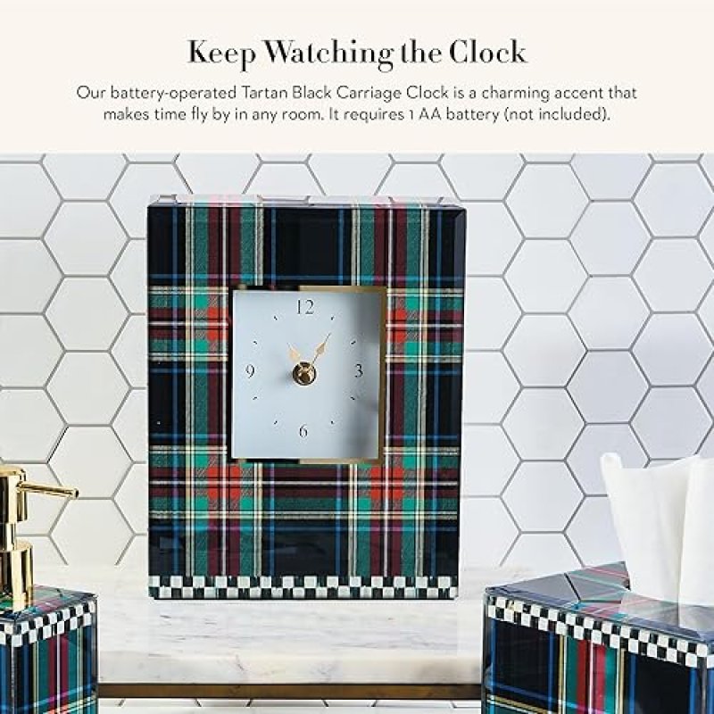 MACKENZIE-CHILDS DECORATIVE BLACK TARTAN CARRIAGE CLOCK FOR KITCHEN AND LIVING ROOM