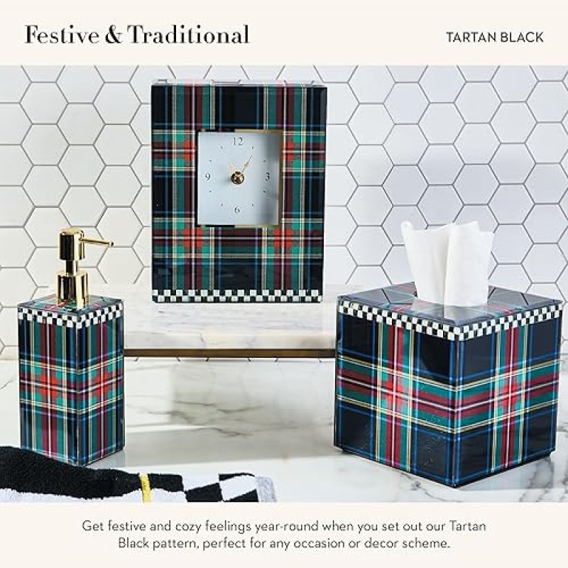 MACKENZIE-CHILDS DECORATIVE BLACK TARTAN CARRIAGE CLOCK FOR KITCHEN AND LIVING ROOM