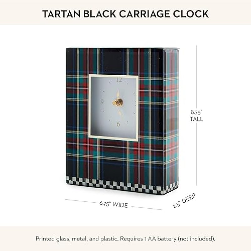 MACKENZIE-CHILDS DECORATIVE BLACK TARTAN CARRIAGE CLOCK FOR KITCHEN AND LIVING ROOM