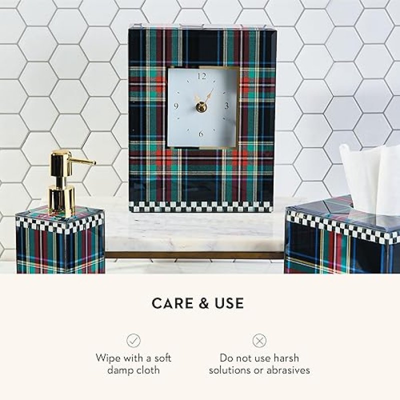 MACKENZIE-CHILDS DECORATIVE BLACK TARTAN CARRIAGE CLOCK FOR KITCHEN AND LIVING ROOM