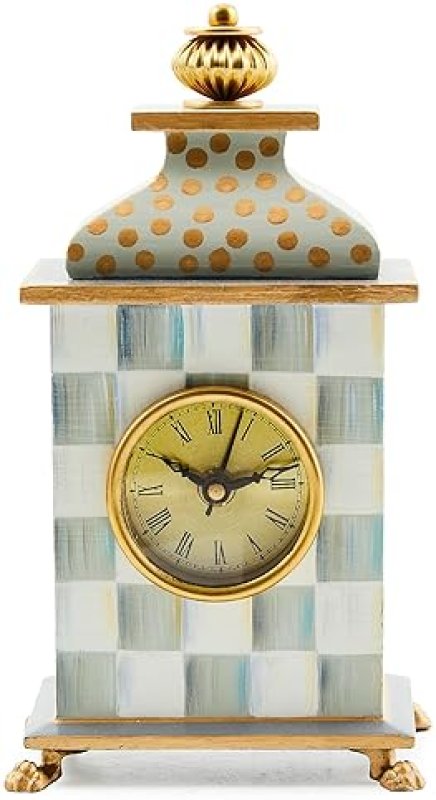 MACKENZIE-CHILDS GRAY-AND-WHITE STERLING CHECK DESK CLOCK FOR LIVING ROOM, BEDROOM, OR OFFICE