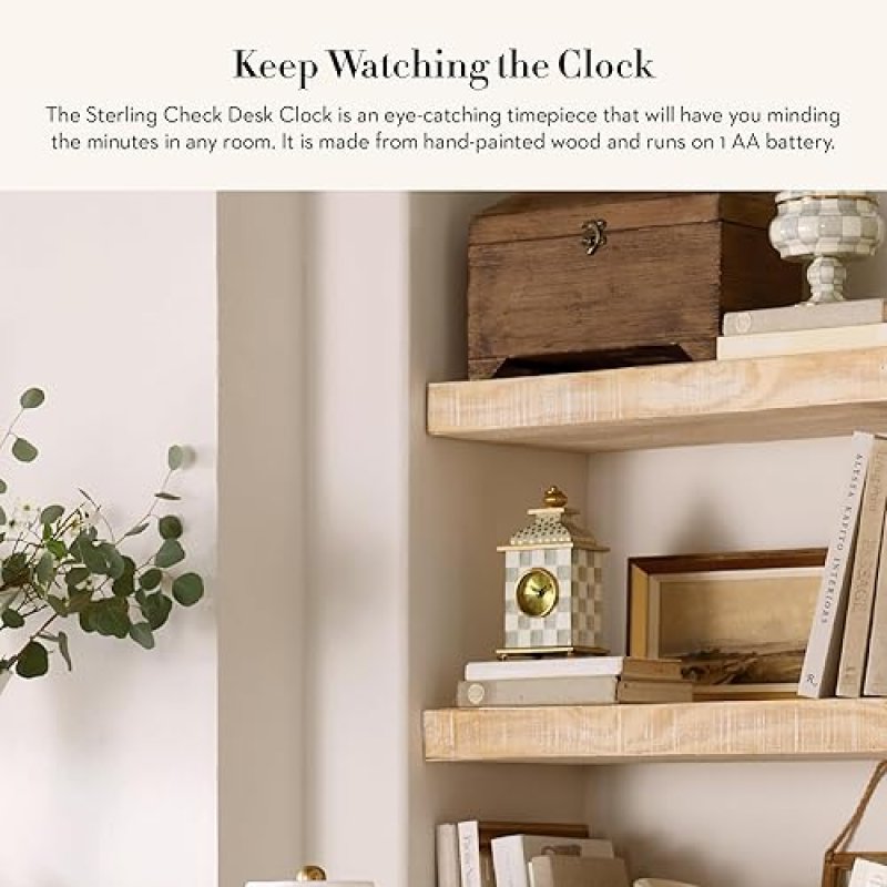MACKENZIE-CHILDS GRAY-AND-WHITE STERLING CHECK DESK CLOCK FOR LIVING ROOM, BEDROOM, OR OFFICE