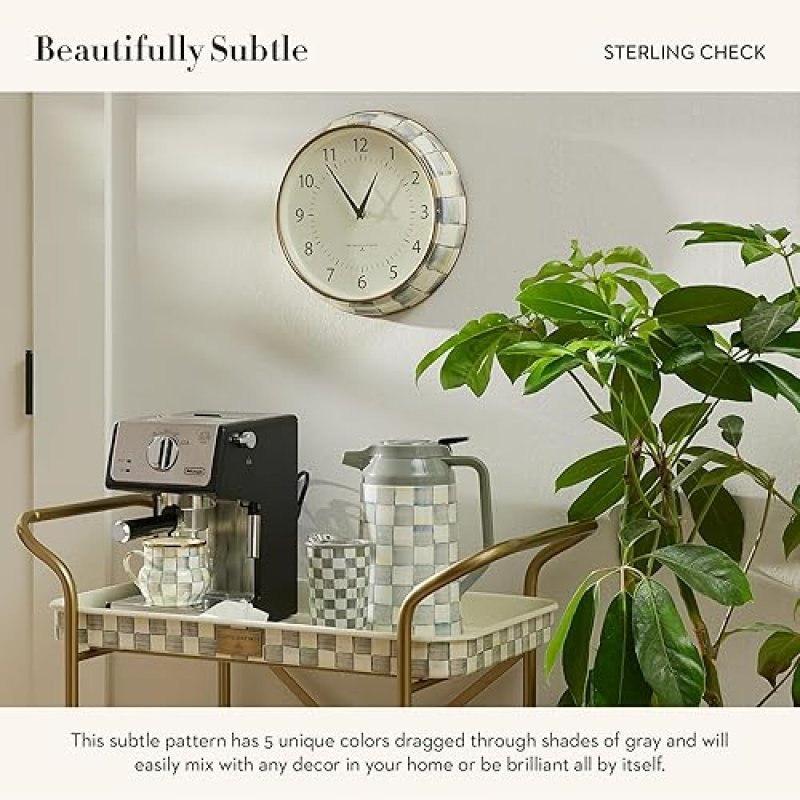 MACKENZIE-CHILDS GRAY-AND-WHITE STERLING CHECK DESK CLOCK FOR LIVING ROOM, BEDROOM, OR OFFICE