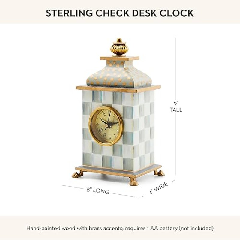 MACKENZIE-CHILDS GRAY-AND-WHITE STERLING CHECK DESK CLOCK FOR LIVING ROOM, BEDROOM, OR OFFICE