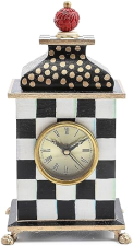 MACKENZIE-CHILDS DECORATIVE WOOD DESK CLOCK FOR KITCHEN & LIVING ROOM IN BLACK-AND-WHITE COURTLY CHECK