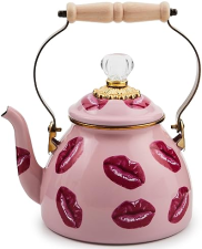 MACKENZIE-CHILDS:2-QUART ENAMEL TEA KETTLE  STOVETOP CUTE TEA KETTLE, KISS ME DESIGN