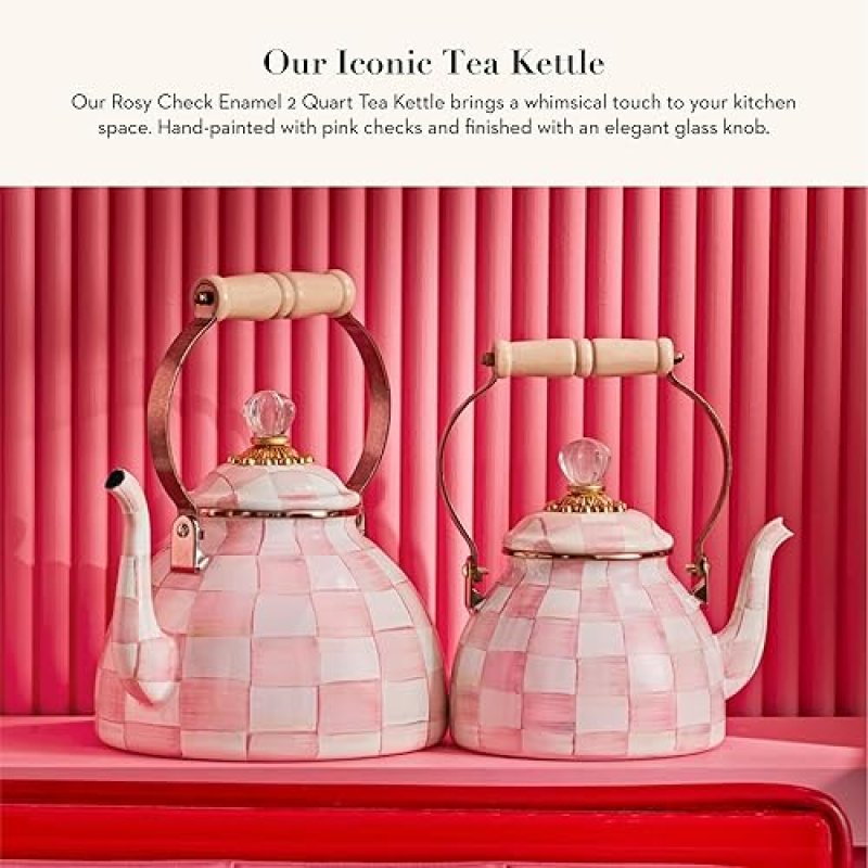 MACKENZIE-CHILDS ENAMEL TEA KETTLE FOR STOVETOP, PINK-AND-WHITE ROSY CHECK, 2 QUARTS