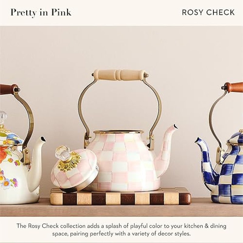 MACKENZIE-CHILDS ENAMEL TEA KETTLE FOR STOVETOP, PINK-AND-WHITE ROSY CHECK, 2 QUARTS