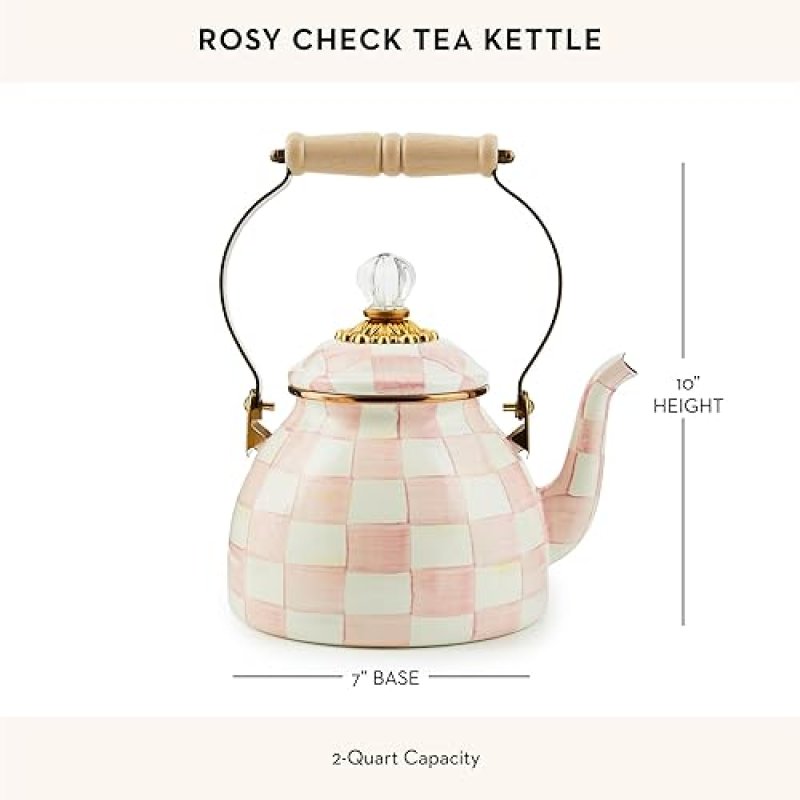 MACKENZIE-CHILDS ENAMEL TEA KETTLE FOR STOVETOP, PINK-AND-WHITE ROSY CHECK, 2 QUARTS