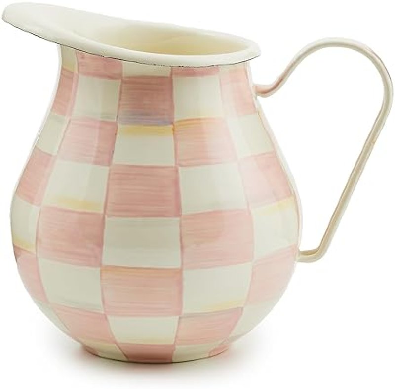 MACKENZIE CHILDS ENAMEL WATER PITCHER FOR HOME DECOR, 3 QUARTS, PINK-AND-WHITE ROSY CHECK