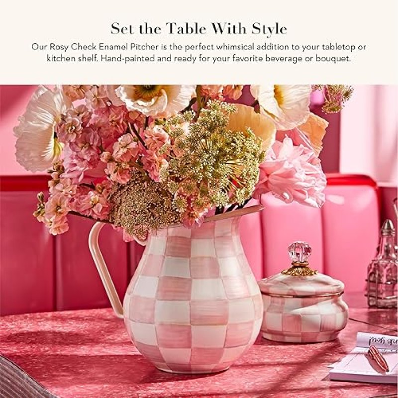 MACKENZIE CHILDS ENAMEL WATER PITCHER FOR HOME DECOR, 3 QUARTS, PINK-AND-WHITE ROSY CHECK